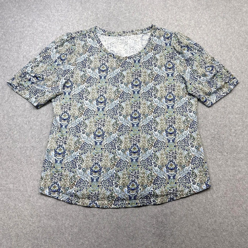 Talbots Tee Shirt Womens Large Blue Floral Short Sleeve Scoop Neck Ruched